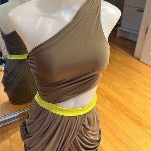 bebe One-Shoulder Brown Dress with Yellow Accent